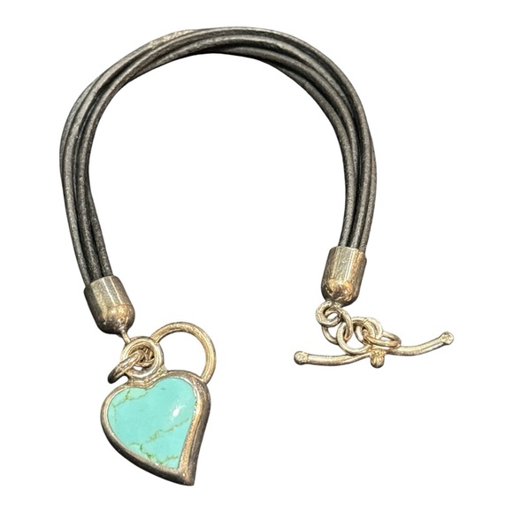 Vintage 925 Sterling Silver Turquoise Heart Charm Toggle Leather Strap Bracelet - Picture 1 of 9